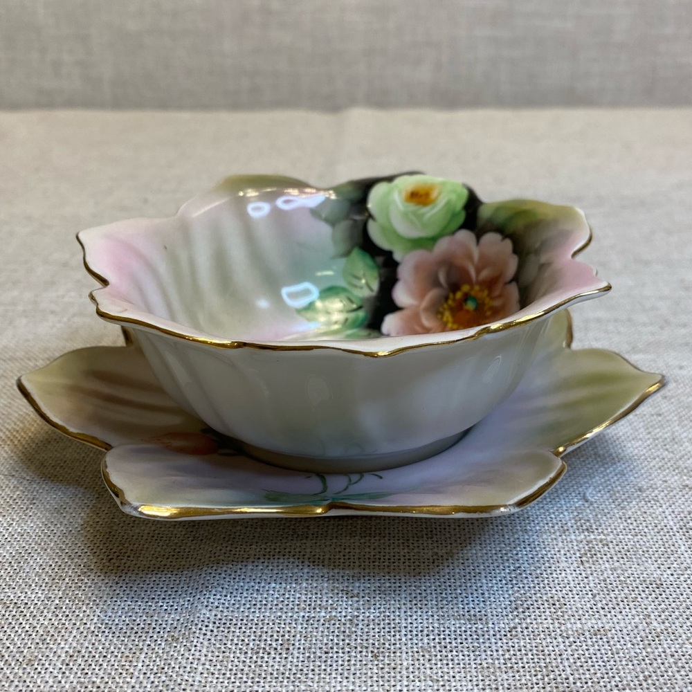 Vintage Noritake lusterware bowl with matching under plate, hand painted.